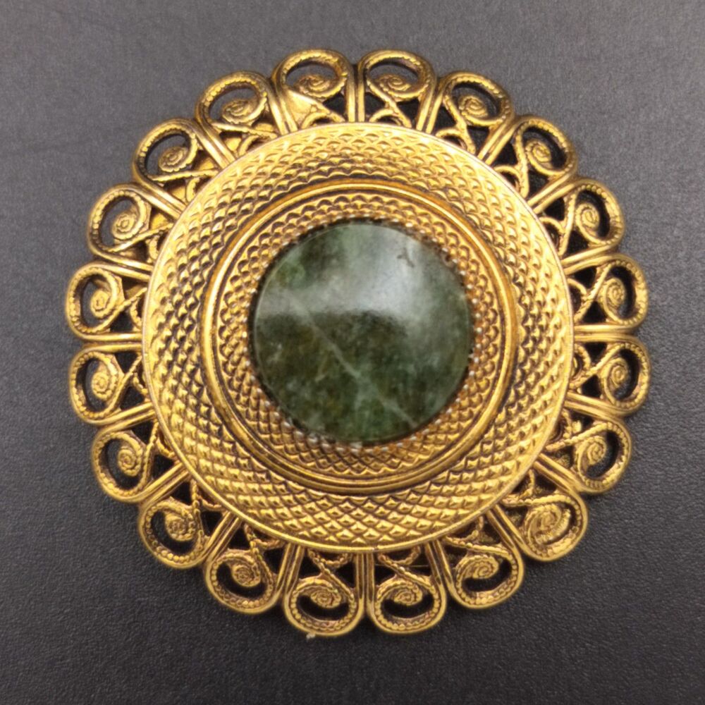 Vintage Lieba USA Gold Tone Filigree Green Stone Dress Scarf Clip Brooch Pin